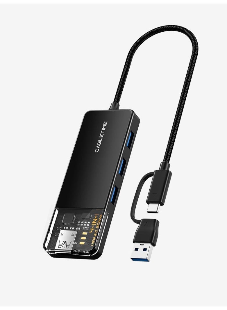 CABLETIME USB TYPE C TO 4 PORT USB 3.0 HUB 5GBPS COMPATIBLE WITH MAC WITH TYPE C TO USB ADAPTER - Image 1